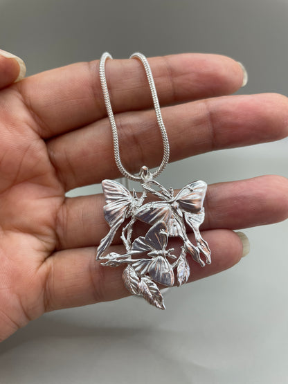 Moonlight Butterflies On Branches Pendant, 925 Silver Necklace