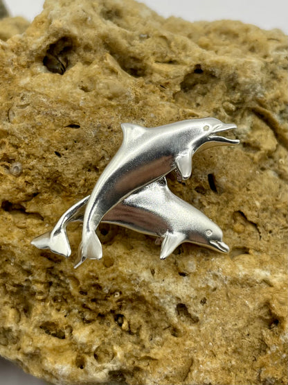 Two Swimming Dolphins Necklace – Elegant 925 Sterling Silver Pendant, Featuring Dolphins in Motion, Perfect for Ocean and Marine Life Lovers, Unique Handmade Jewelry for Sea Enthusiasts, Made in USA