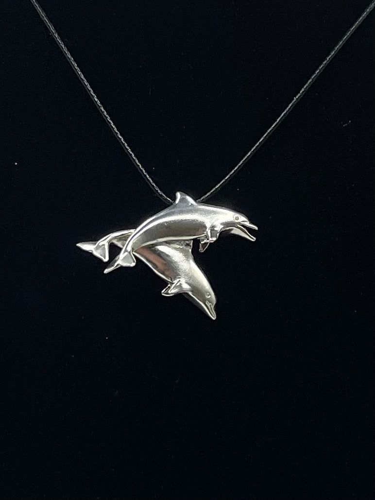 Two Swimming Dolphins Necklace – Elegant 925 Sterling Silver Pendant, Featuring Dolphins in Motion, Perfect for Ocean and Marine Life Lovers, Unique Handmade Jewelry for Sea Enthusiasts, Made in USA