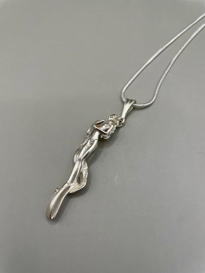 Scuba Girl With Moray Eel Necklace, Handcrafted 3D Pendant from 925 Sterling Silver, Sea-Life Inspired Jewelry Gift For Unisex Women Men, Handmade in USA