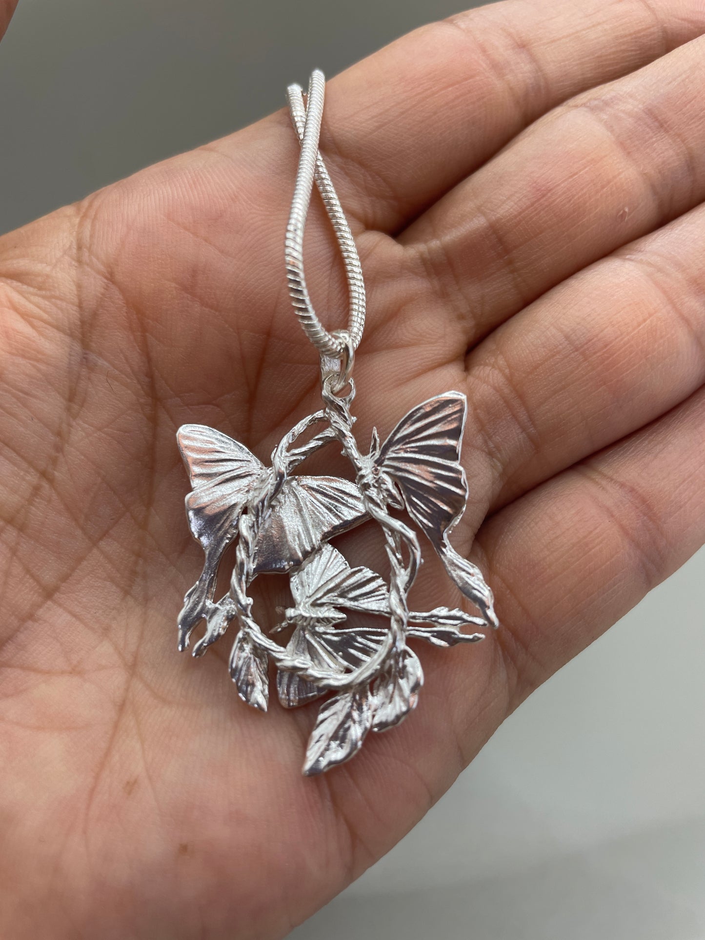 Moonlight Butterflies On Branches Pendant, 925 Silver Necklace