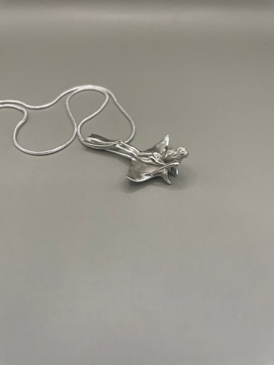 Scuba Girl Riding Manta Ray Necklace, Handcrafted 3D Pendant in 925 Sterling Silver, Unique Design Sea-Life Inspired for Marine Life Enthusiasts. Handmade in USA