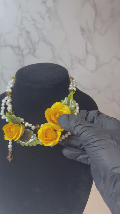 Ana Eternal Rose – Real Yellow Rose in UV Resin & Freshwater Pearl Necklace | Handmade Floral Jewelry | Made in USA