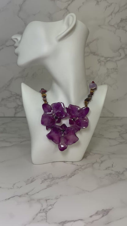Triple Dark Purple Orchids Necklace - Real Orchid Necklace – Natural Flower Preserved in Resin