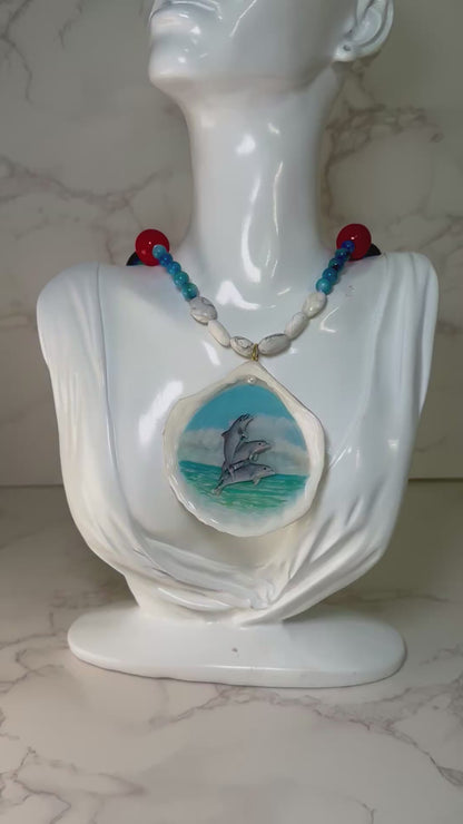 Three Dolphins Necklace Resin‑Encased Handmade Trio of Dolphins Necklace Encapsulated in Real Shell with UV Resin on Fine Colored Crystal Beads