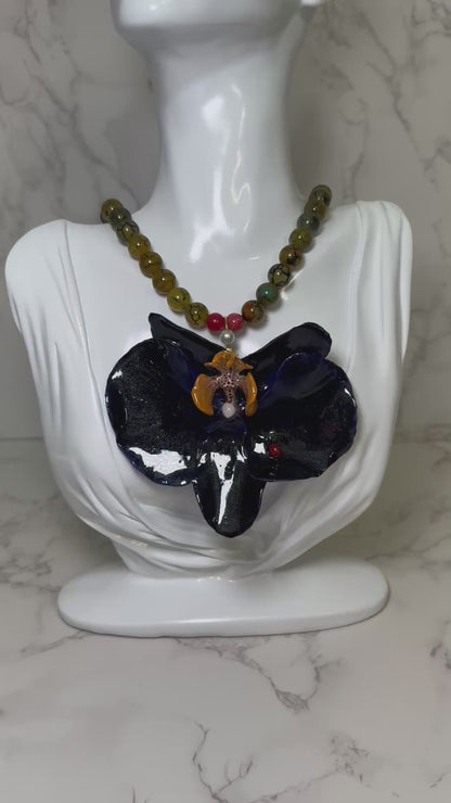 Dark Blue Orchid with Ladybug Necklace Real Preserved Orchid Jewelry – Natural Orchids in UV Resin