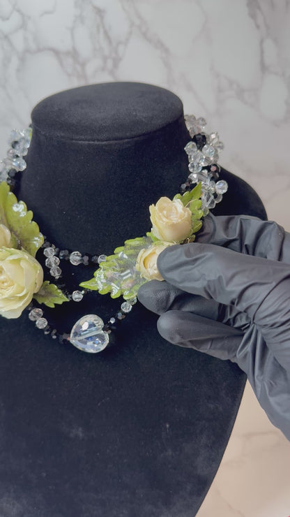 Angela Eternal Rose – Real White Roses in UV Resin & Clear And Black Crystal Necklace | Handmade Floral Jewelry | Made in USA