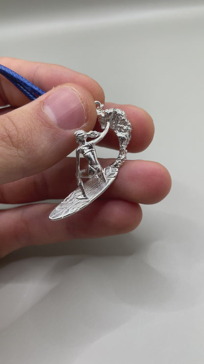 Surfer Girl Riding Surfboard, 925 Sterling Silver