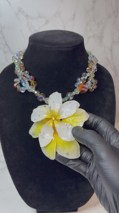 Lucy White & Yellow Clear Plumeria Flowers Crystal Necklace | Handmade Floral Jewelry