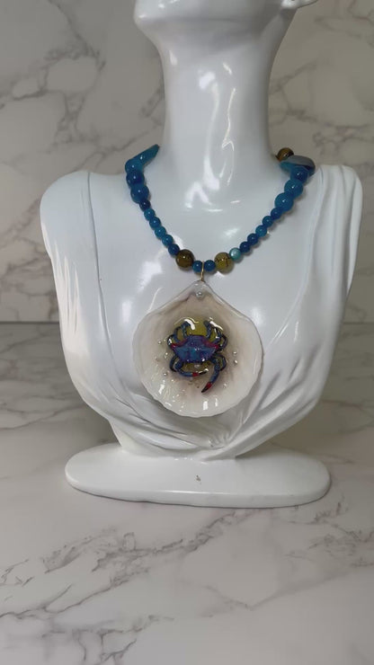 Blue Crab with Red Accents Shell Necklace - Encapsulated in Real Shell with UV Resin