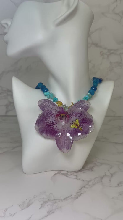 Big Purple Orchid With Moonlight Butterfly Necklace- Real Orchid Necklace – Natural Flower Preserved in Resin