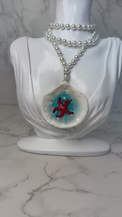 Set Beautiful Red  Handmade Red Starfish Necklace with Black Tips Encapsulated in Real Shell with UV Resin
