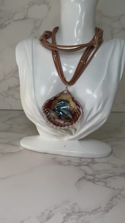 Dolphin Duo Diving Small Reef Shell Necklace - Encapsulated in Real Shell with UV Resin on Adjustable Leather Cord