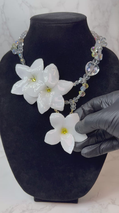 Snow Dream White Clear Flower Crystal Necklace | Handmade Floral Jewelry