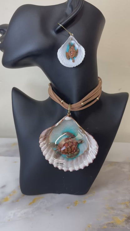 Sea Turtle Resin‑Encased Shell Collection Shell Necklaces Sea Necklaces Epoxy Resin Necklace with Earrings