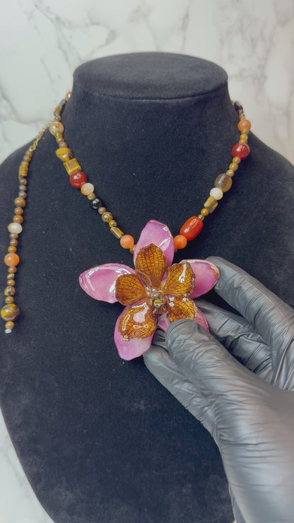 Camellia Real Preserved Orchids & Plumeria Necklace| Handmade Botanical Jewelry | Floral Art
