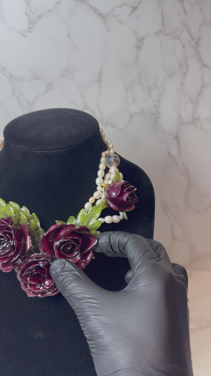 1 Amélie Eternal Rose – Real Red Rose in UV Resin & Freshwater Pearl Necklace | Handmade Floral Jewelry | Made in USA