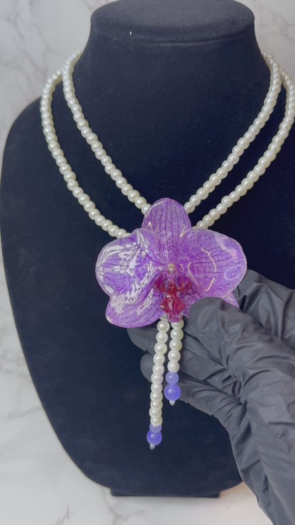 Purple Real Orchid Necklace | Handmade Flower Jewelry | Botanical Statement Pendant