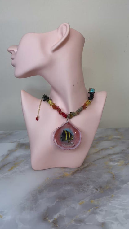 Spadefish With Colorful Glass Crystals Necklace Resin‑Encased Shell Collection Shell Necklaces, Epoxy Resin Necklace