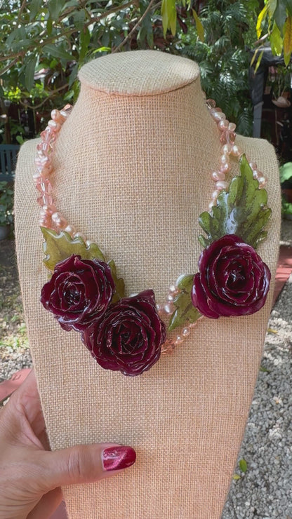 4 Isabella Eternal Rose – Real Red Rose in UV Resin & Freshwater Pearl Necklace | Handmade Floral Jewelry | Made in USA