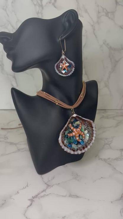 Set Beautiful Orange StarFish with Rocks Handmade Orange Starfish Necklace with White Dots Encapsulated in Real Shell with UV Resin