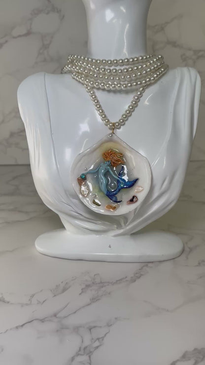 March Diamond Mermaid Sea Shell Necklace – Mermaid in Shell with UV Resin