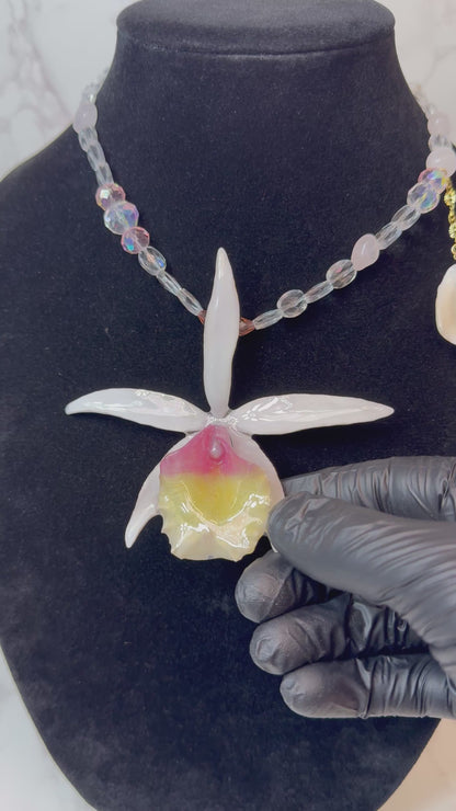 Dahlia Handmade Real Orchid Necklace | Crystal Bead Jewelry | Resin Flower Pendant | Made in USA