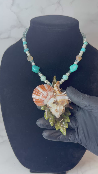 4 Natural green Leaf Preserved in resin with sea shells with Beautiful Scarf & leather necklace