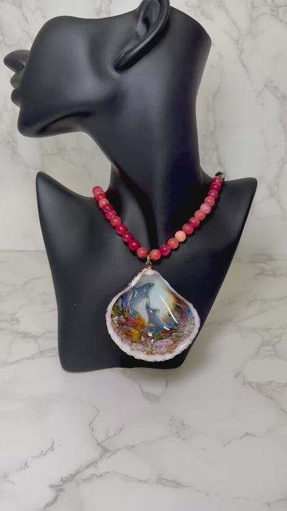 Beautiful Dolphin Couple Necklace Handmade Dolphin Necklace Over Painted Ocean Sunset Encapsulated in Real Shell with UV Resin on Leather Cord
