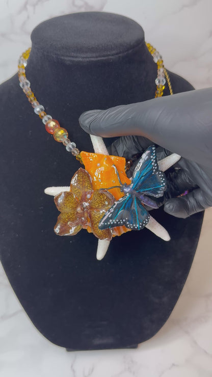 Jessy Real Starfish, Fake Butterfly & Preserved Flower Necklace | Convertible Hair Clip | Handmade Ocean & Botanical Jewelry