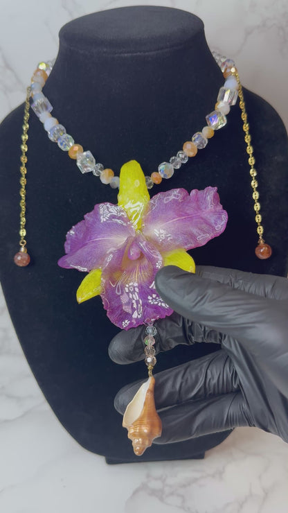 Purple & Yellow Real Cattleya Orchid Necklace | Handmade Flower Jewelry | Botanical Statement Pendant