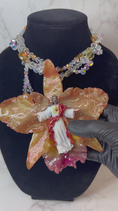 Handmade Jesus Figure Resin UV|Orange Real Cattleya Orchid Necklace