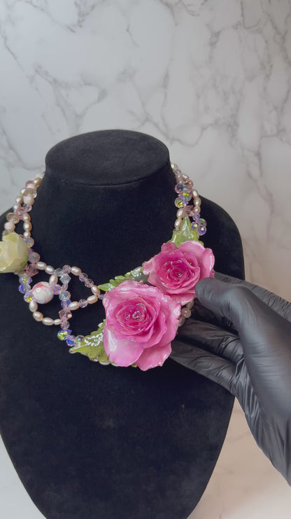 Love Eternal Rose – Real pink Roses in UV Resin & Freshwater Pearl Necklace | Handmade Floral Jewelry | Made in USA