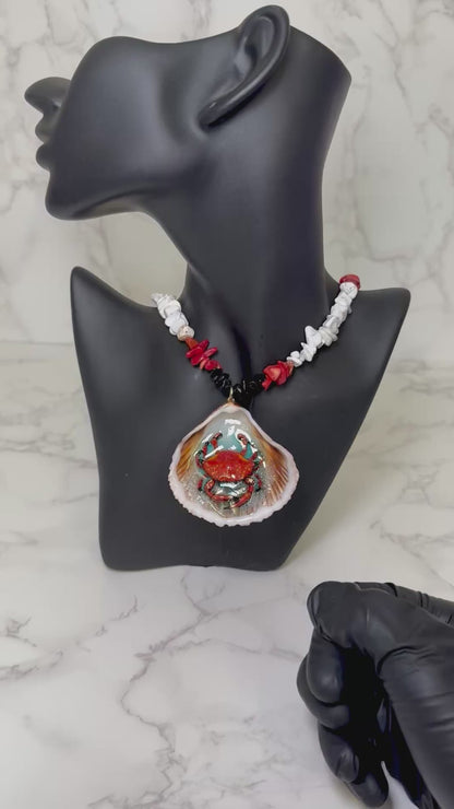 Set Crab Handmade Red Crab Necklace Encapsulated in Real Shell with UV Resin on Natural Stone Beads