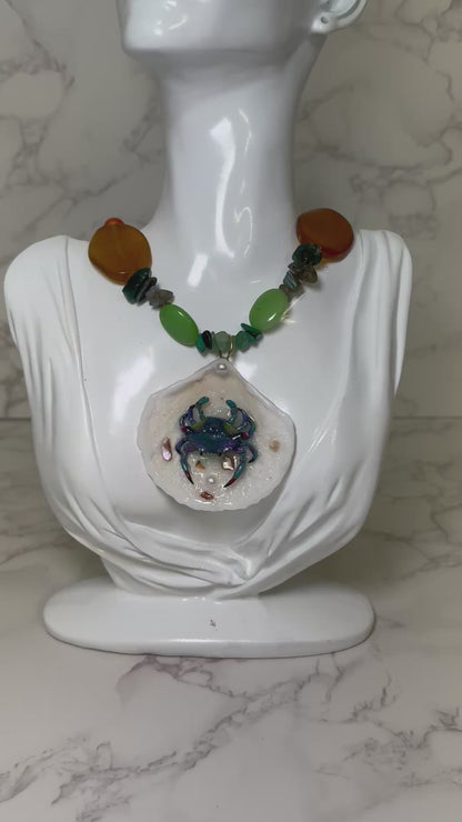 Turquoise Crab with Pink Accents Shell Necklace - Encapsulated in Real Shell with UV Resin