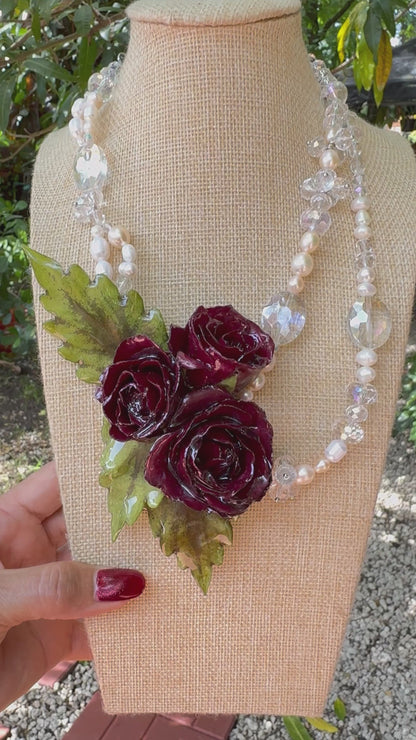 3 Aurora Eternal Rose – Real Red Rose in UV Resin & Freshwater Pearl Necklace | Handmade Floral Jewelry | Made in USA