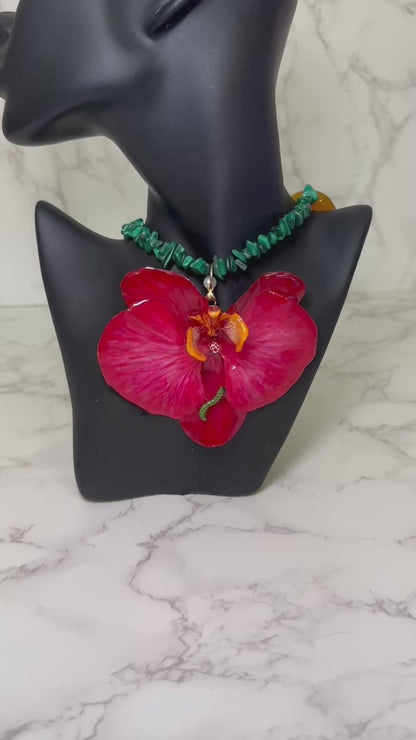 Fuchsia Orchid with Caterpillar Live Beauty Captured – Handmade Orchid Jewelry in Resin