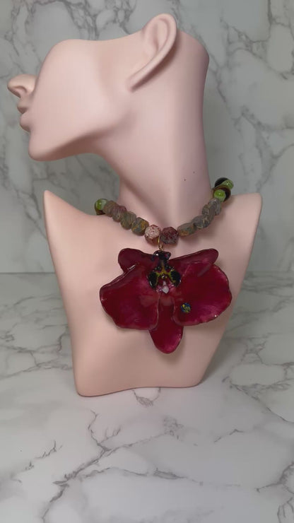 Carmine Orchid with Frog Necklace Live Beauty Captured – Handmade Orchid Jewelry in Resin