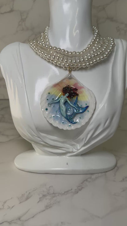 February Shimmering Tail Mermaid Sea Shell Necklace – Mermaid in Shell with UV Resin