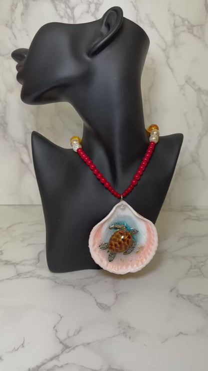 Brown Sea Turtle Resin‑Encased Handmade Sea Turtle Necklace Encapsulated in Real Shell with UV Resin on Fine Colored Crystal Beads