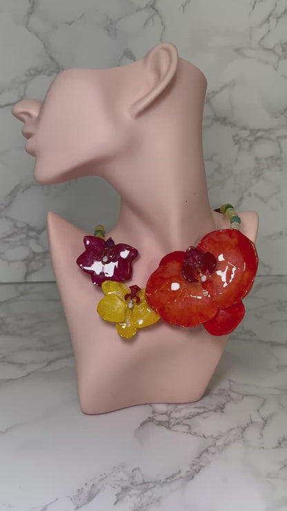 Big Orange Orchid with small red and yellow orchid Necklace - Real Orchid Necklace – Natural Flower Preserved in Resin