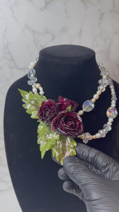 3 Aurora Eternal Rose – Real Red Rose in UV Resin & Freshwater Pearl Necklace | Handmade Floral Jewelry | Made in USA