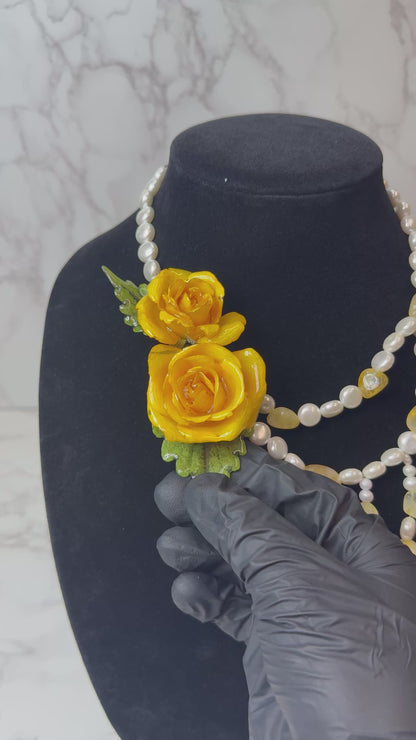 Lucia Eternal Rose – Real Yellow Rose in UV Resin & Nacar Pearl Necklace | Handmade Floral Jewelry | Made in USA