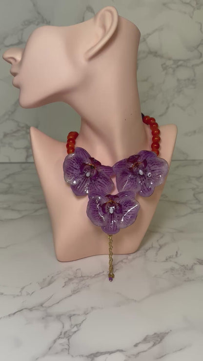 Triple Big Purple Orchid Necklace - Real Orchid Necklace – Natural Flower Preserved in Resin