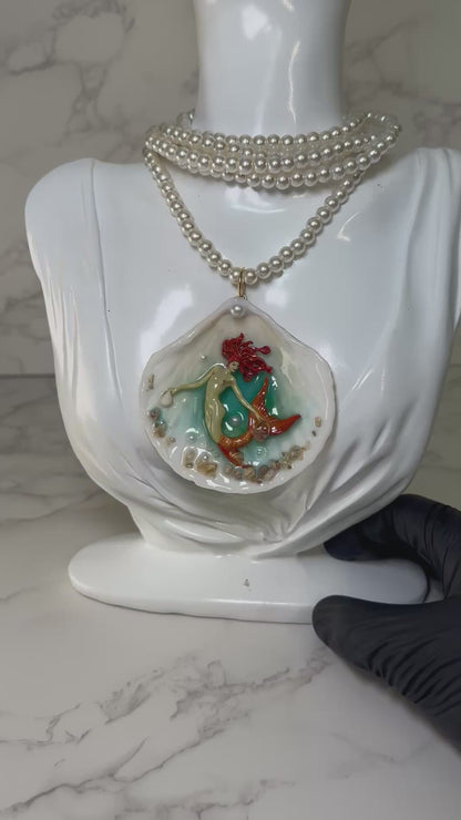 Summer Orange Mermaid Sea Shell Necklace – Mermaid in Shell with UV Resin