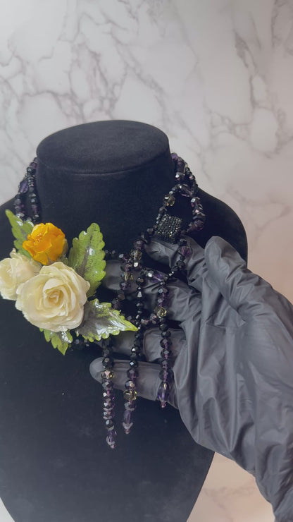 Theresa Eternal Rose – Real Yellow & White Roses in UV Resin & Black crystal Necklace | Handmade Floral Jewelry | Made in USA