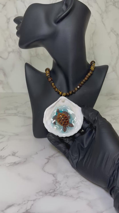 Dark Brown Sea Turtle Resin‑Encased Sea Turtle in Shell with UV Resin on Crystal Bead Necklace