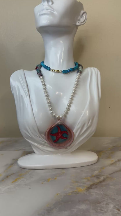 Stunning Red Starfish Necklace Resin‑Encased Shell Collection Shell Necklaces, Epoxy Resin Necklace