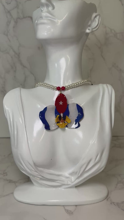 Small Cuban Orchid Necklace Hand-Painted Cuban Flag on Real Preserved Orchid