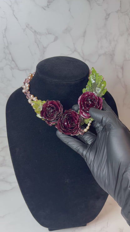 4 Isabella Eternal Rose – Real Red Rose in UV Resin & Freshwater Pearl Necklace | Handmade Floral Jewelry | Made in USA